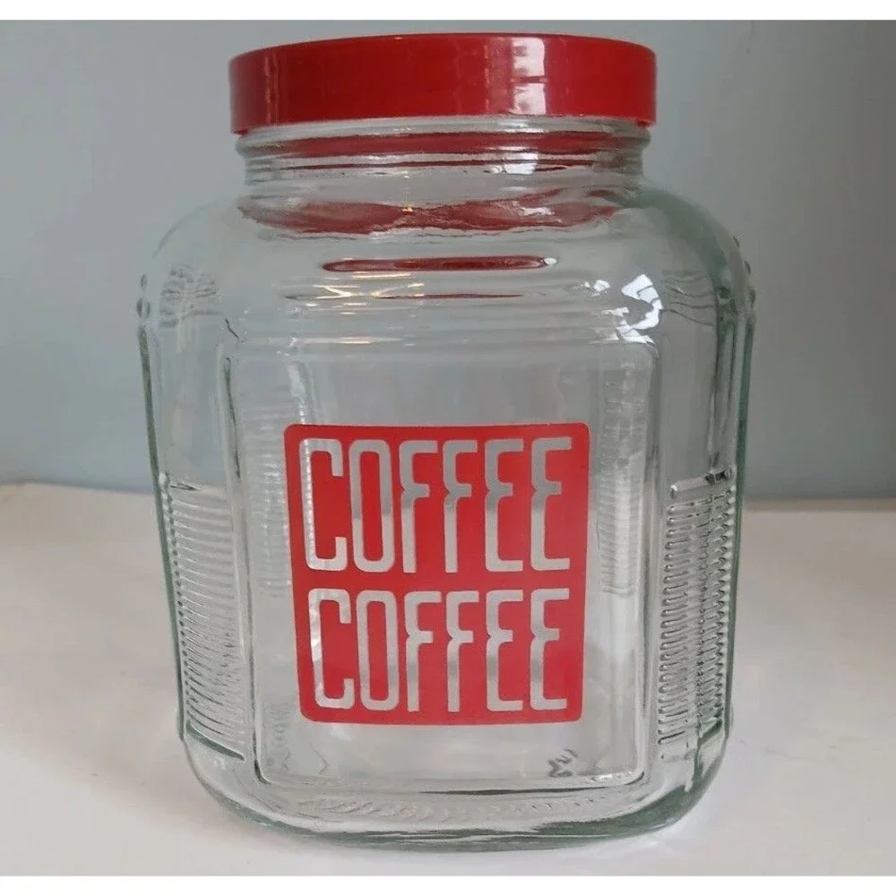 Vintage Hoosier Cabinet Glass Canister COFFEE Jar w/ Lid Red Letters